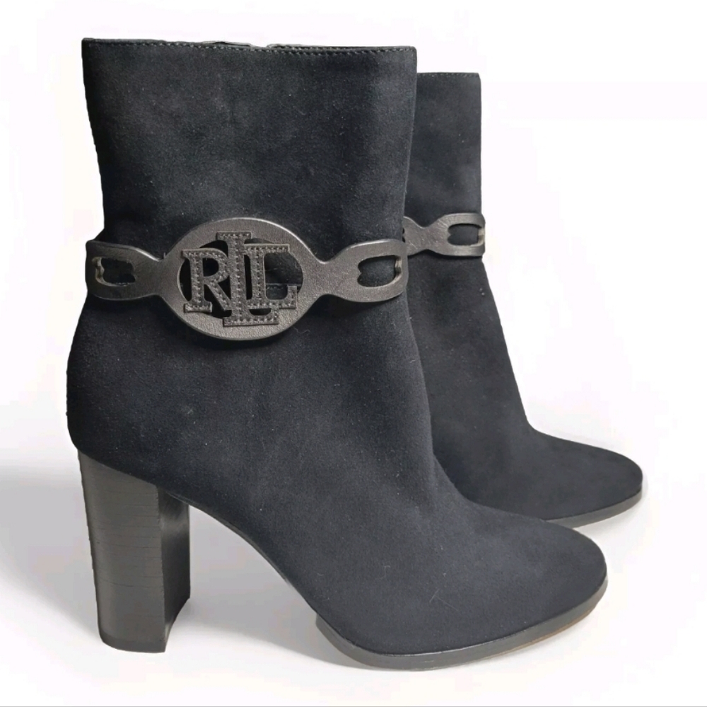 RLL Ralph Lauren Women 6 Boots Abigael Black Suede Zip Calf High Block Heel Edgy
